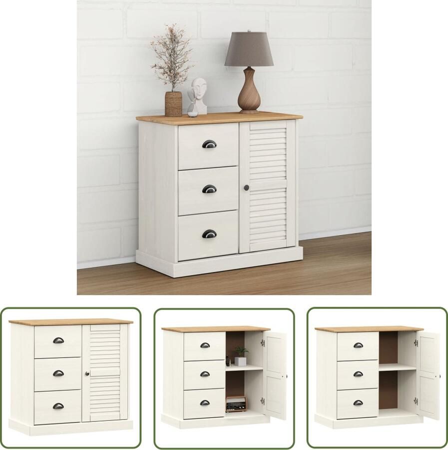 VidaXL Dressoir met lades VIGO 78x40x75 cm massief grenenhout wit Dressoir Vintage Dressoir Grenenhouten Dressoir Wit Dressoir Salontafel - Foto 3