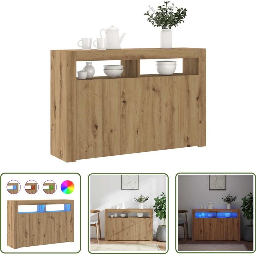 The Living Store Dressoir met LED 115 5x30x75 cm bewerkt hout artisanaal eiken Bijzettafel Dressoir Led Verlichting Houten Meubels Salontafel