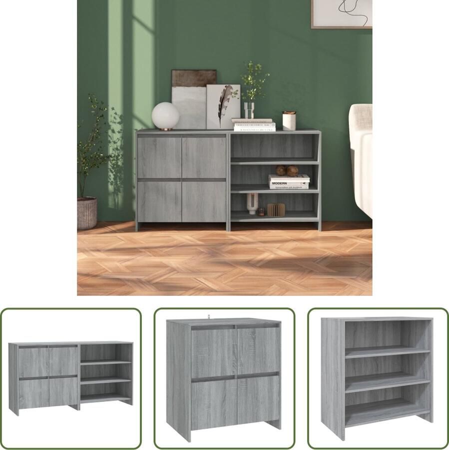 The Living Store 2 st Dressoirs bewerkt hout grijs sonoma eikenkleurig Dressoir Buffetkast Opbergkast Houten Dressoir Grijze Dressoir