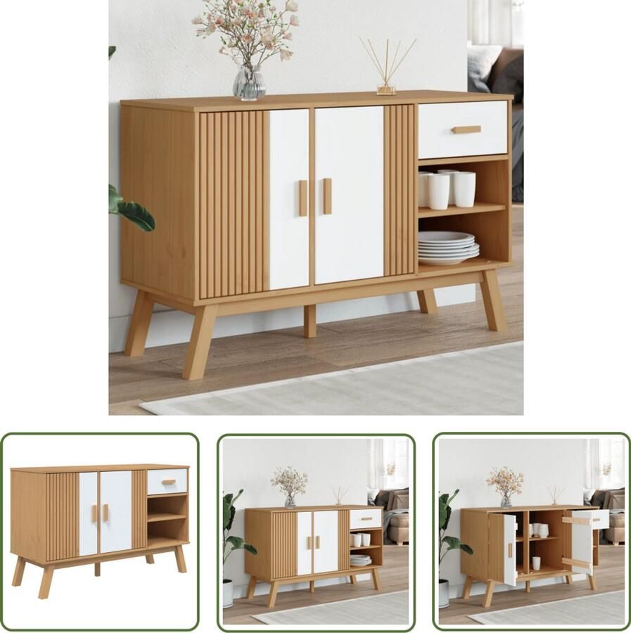 The Living Store Dressoir OLDEN 114x43x73 5 cm massief grenenhout wit en bruin Dressoir Scandinavisch Design Vintage Kast Houten Buffetkast Salontafel