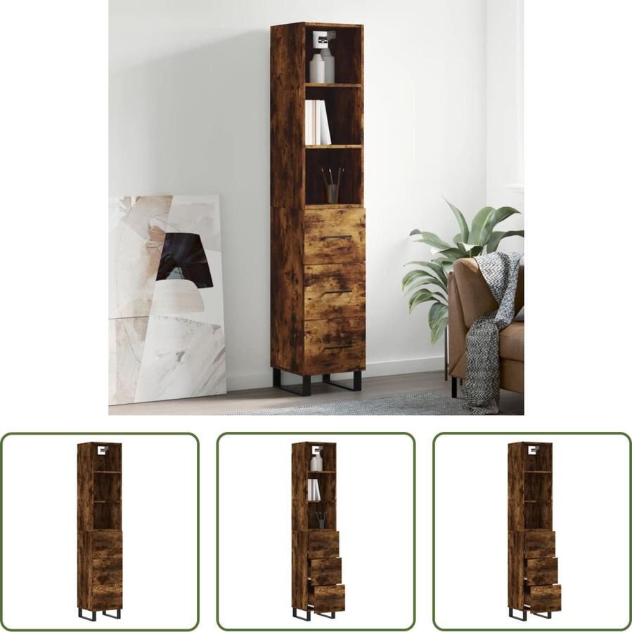 The Living Store Hoge kast 34 5x34x180 cm bewerkt hout gerookt eikenkleurig Hoge Kast Dressoir Buffetkast Opzetkast Houten Kast