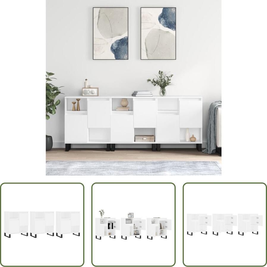 The Living Store Dressoirs 3 st bewerkt hout wit Dressoir Commode Kast Houten Dressoir Wit Dressoir - Foto 2