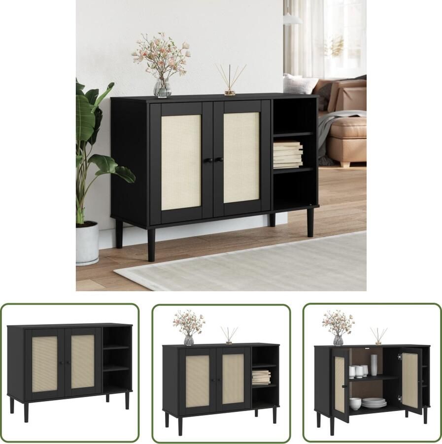The Living Store Dressoir SENJA 112x40x80 cm rattan massief grenenhout zwart Bijzetkast Dressoir Opbergkast Tv-meubel Salontafel