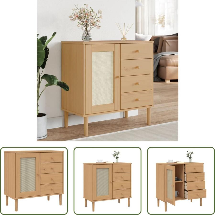 The Living Store Dressoir SENJA 80x40x80 cm rattan look massief grenenhout bruin Dressoir Bruine Dressoirs Vintage Dressoir Ratan Dressoir Grenenhouten Dressoir