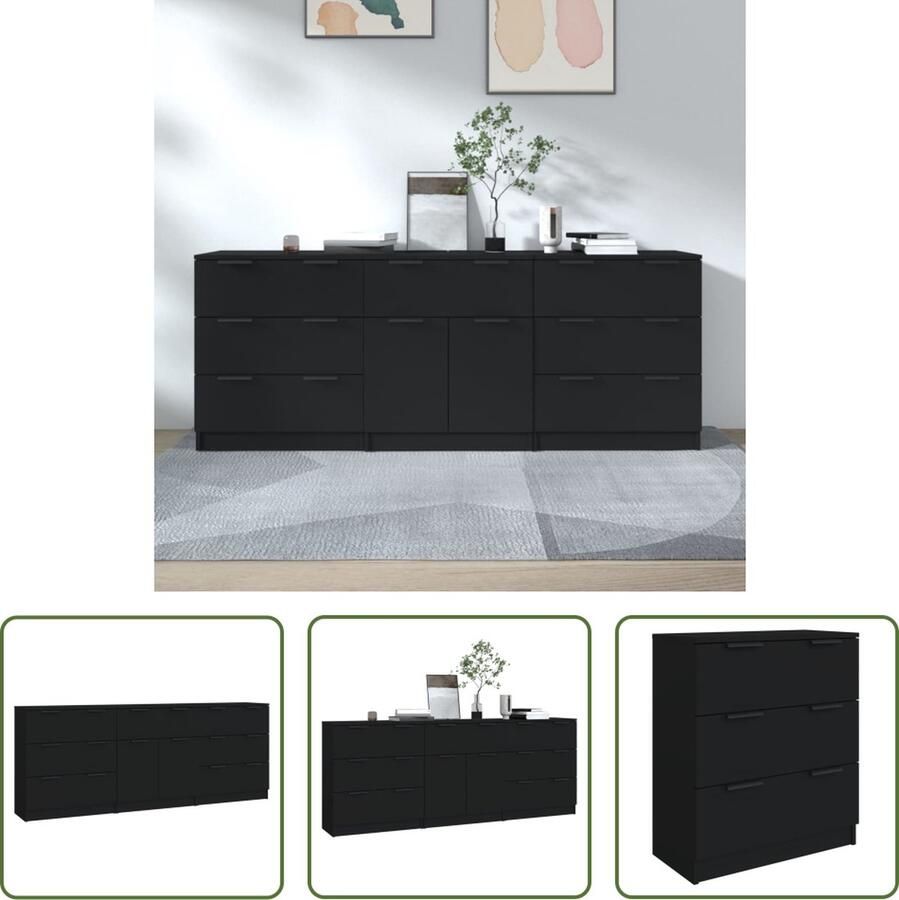 The Living Store Dressoirs 3 st bewerkt hout zwart Dressoir Houten Dressoir Vintage Dressoir Klassiek Dressoir Zwarte Dressoir - Foto 7