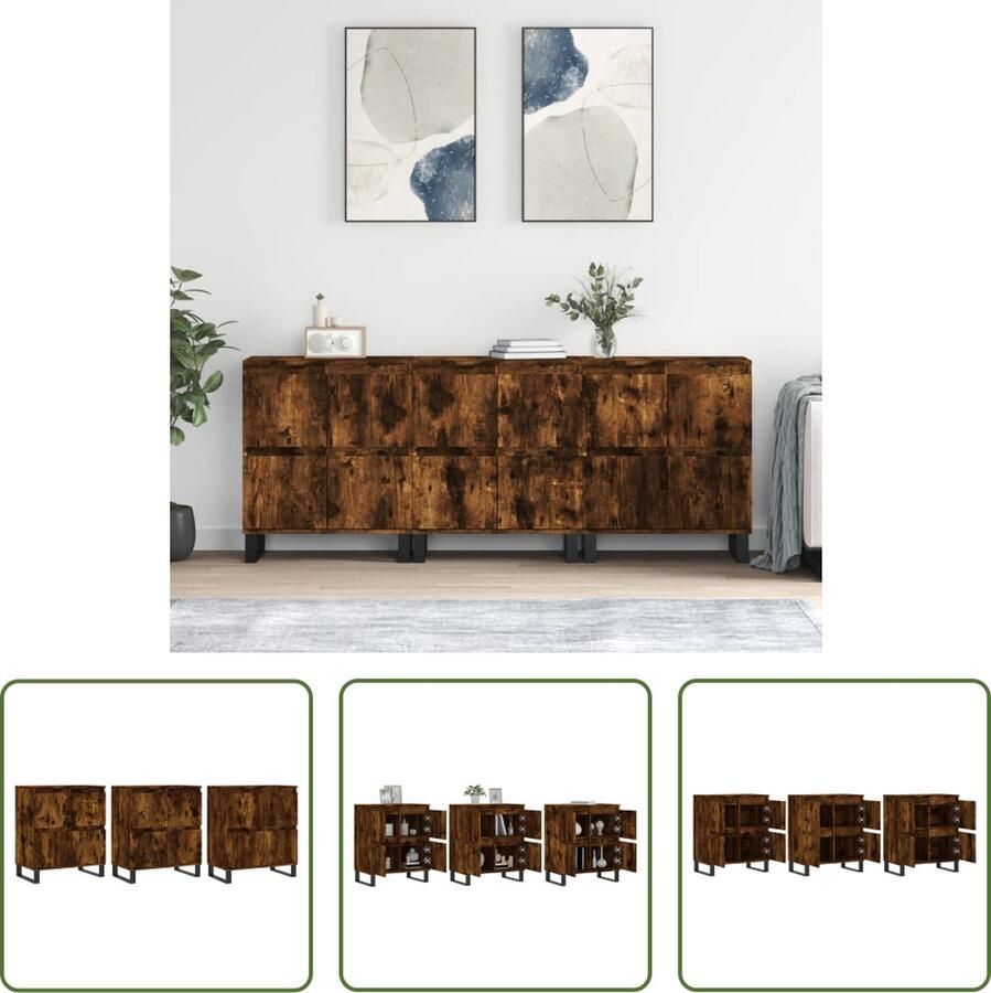 The Living Store Dressoirs 3 st bewerkt hout gerookt eikenkleurig Dressoir Houten Dressoir Vintage Dressoir Landelijk Dressoir Opbergkast