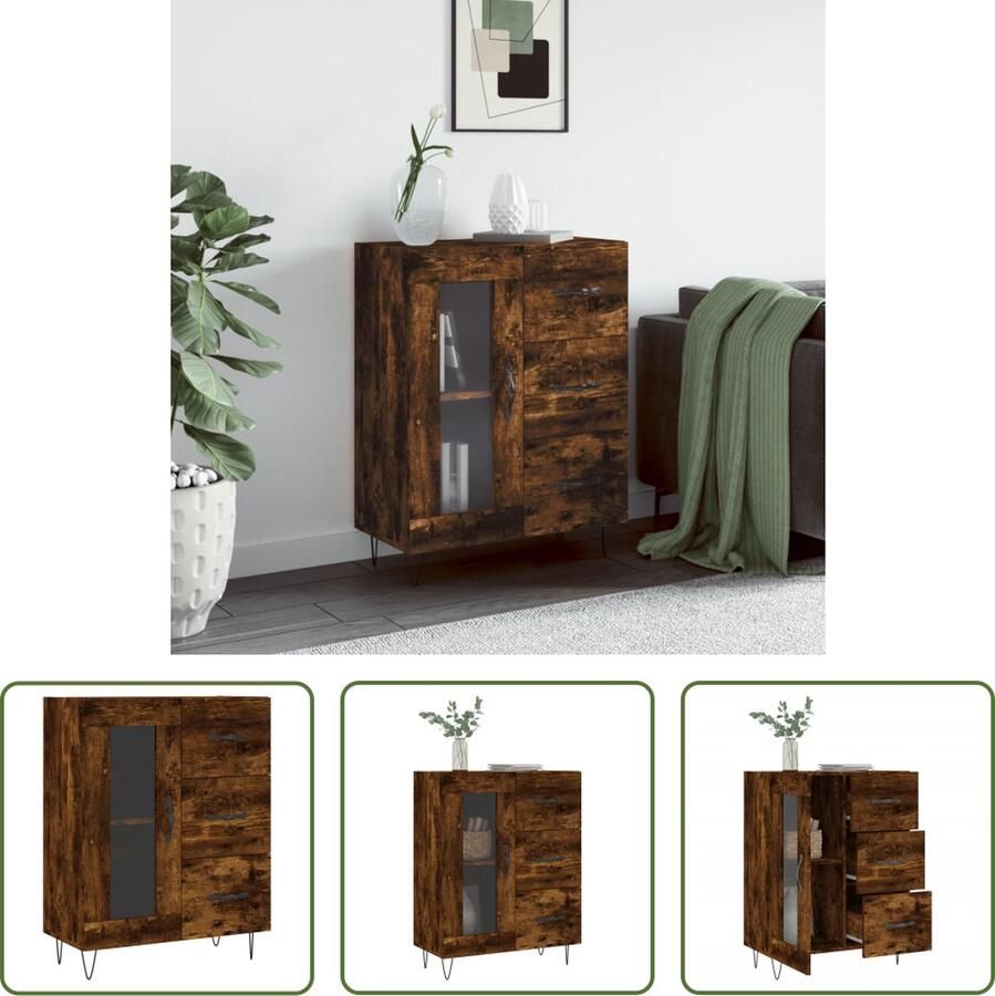 The Living Store Dressoir 69 5x34x90 cm bewerkt hout gerookt eikenkleurig Dressoir Opbergmeubilair Houten Dressoir Vintage Dressoir Landelijk Dressoir