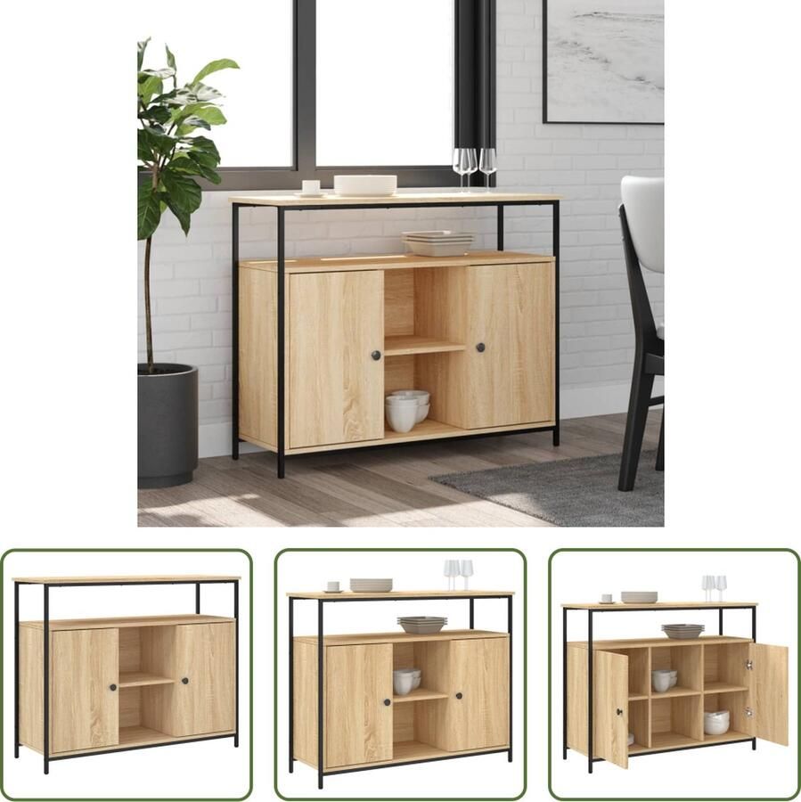 The Living Store Dressoir 100x35x80 cm bewerkt hout sonoma eikenkleurig Dressoir Salontafel Houten Dressoir Opbergkast Vintage Dressoir