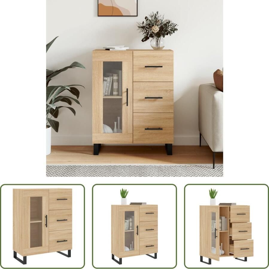 The Living Store Dressoir Sonoma Eiken 69.5 x 34 x 90 cm 3 Lades Glasdeur