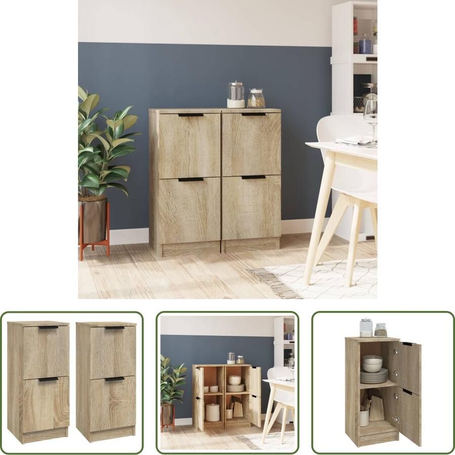 The Living Store Dressoirs 2 st 30x30x70 cm bewerkt hout sonoma eikenkleurig Dressoir Salontafel Opbergkast Nachtlamp Houten Dressoir