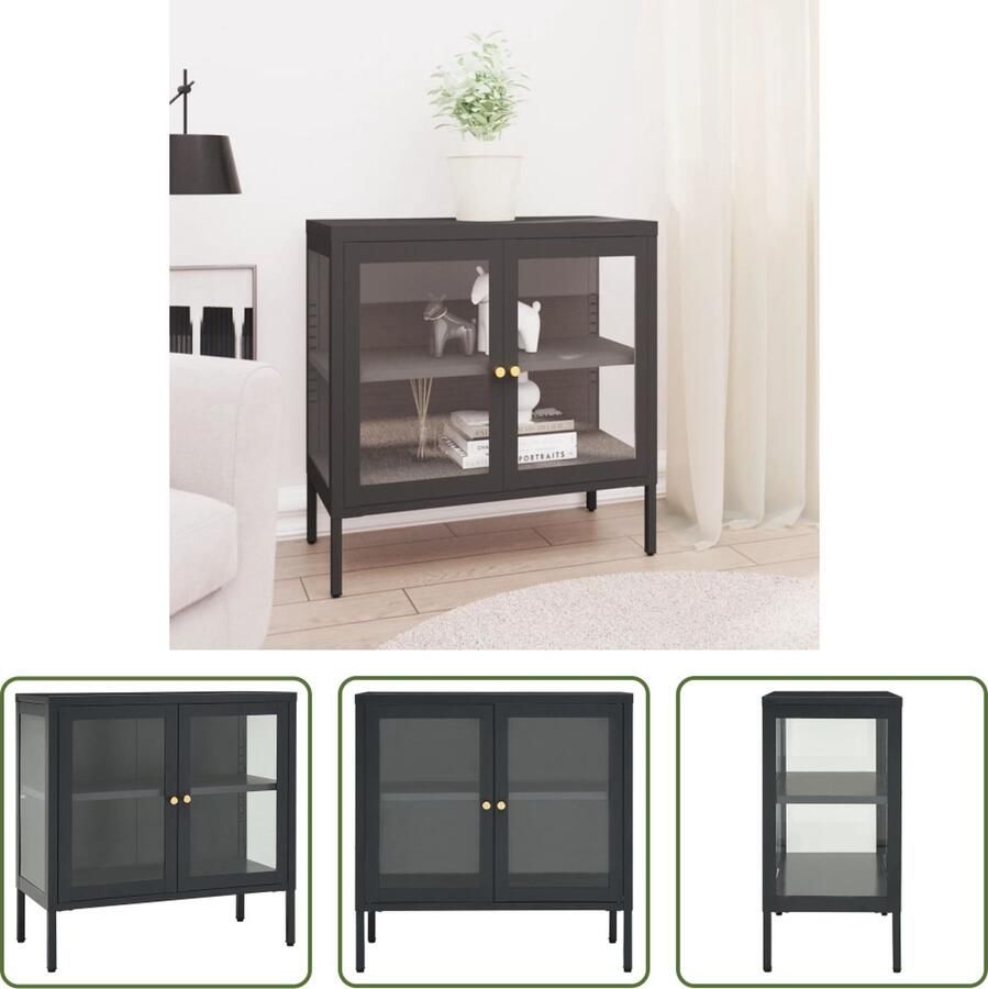 The Living Store Dressoir 70x35x70 cm staal en glas antracietkleurig Dressoir Staaldraad Vitrinekast Opbergkast Modern Design - Foto 2