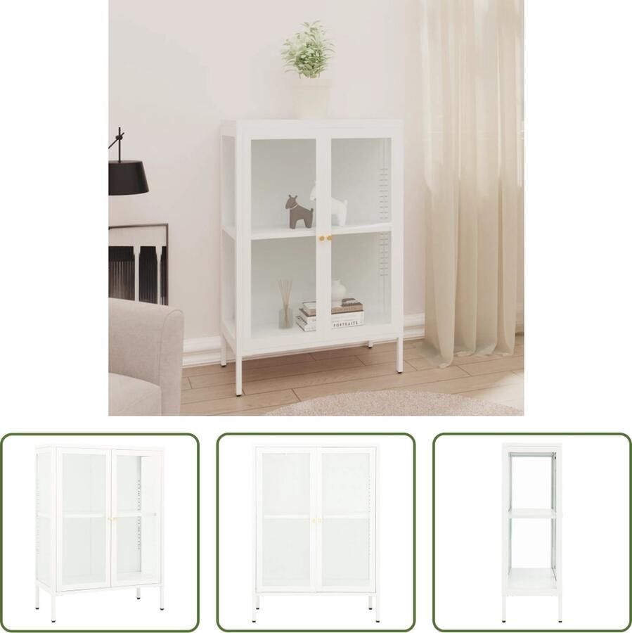 The Living Store Dressoir 75x35x105 cm staal en glas wit Dressoir Staaldresser Vitrines Opbergkasten Salontafel