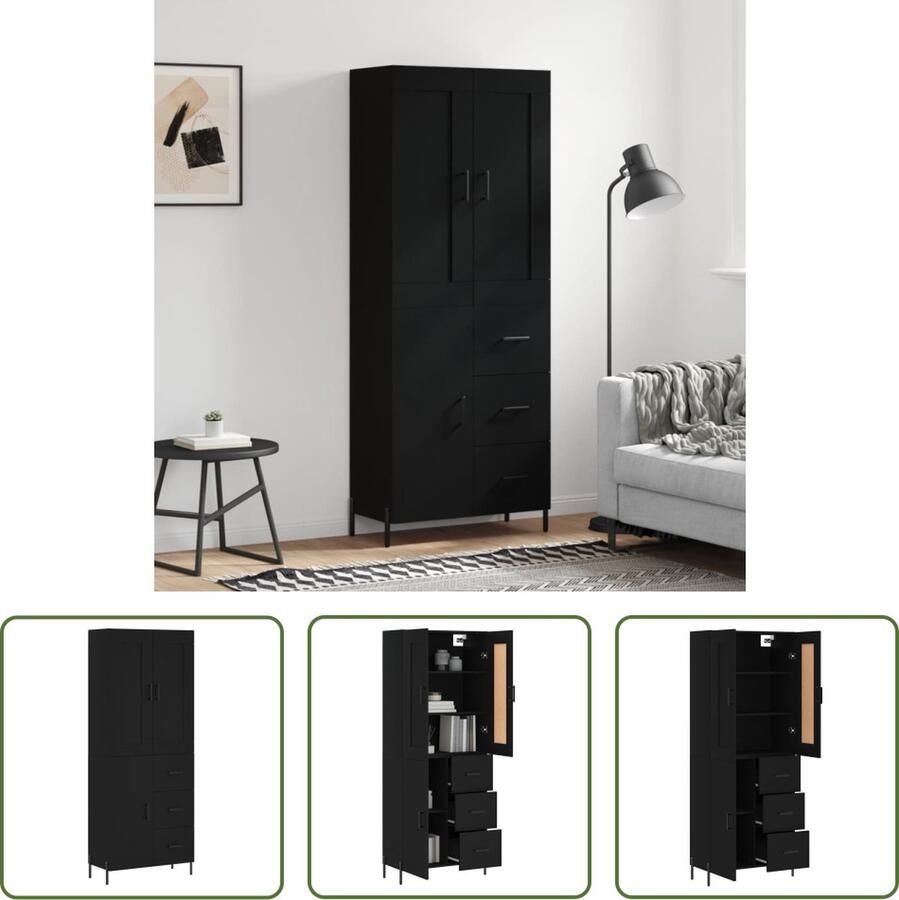 The Living Store Hoge kast 69 5x34x180 cm bewerkt hout zwart Hoge Kast Dressoir Buffetkast Opbergkast Houten Kast