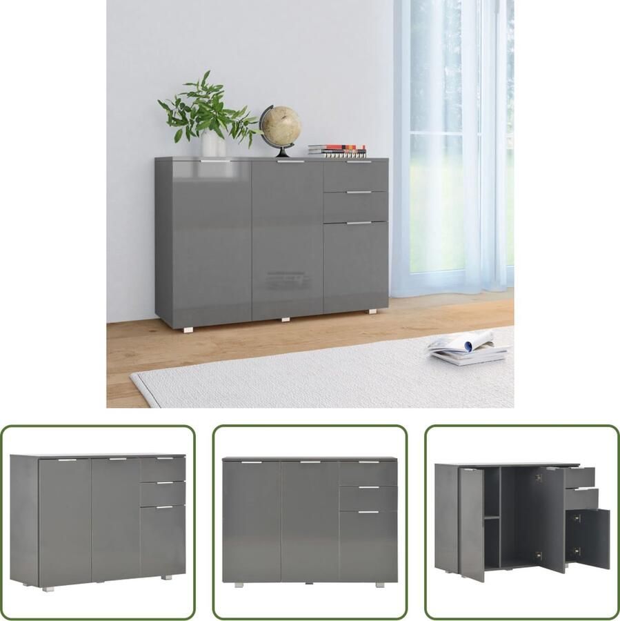 VidaXL Dressoir 107x35x80 5 cm hoogglans grijs Dressoir Grijze Kast Hoogglans Dressoir Houten Dressoir Opbergmeubilair