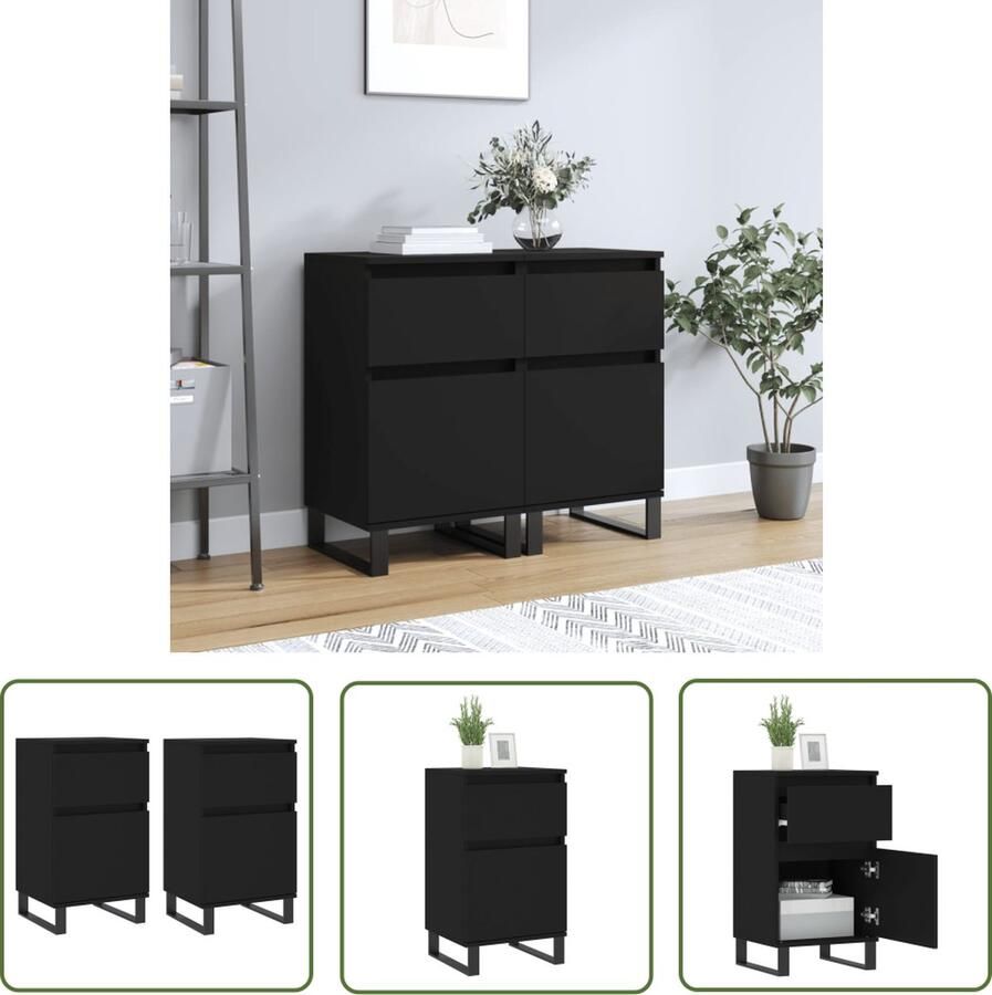 The Living Store Dressoirs 2 st 40x35x70 cm bewerkt hout zwart Dressoir Zwarte Kast Houten Dressoir Opbergkast Salontafel