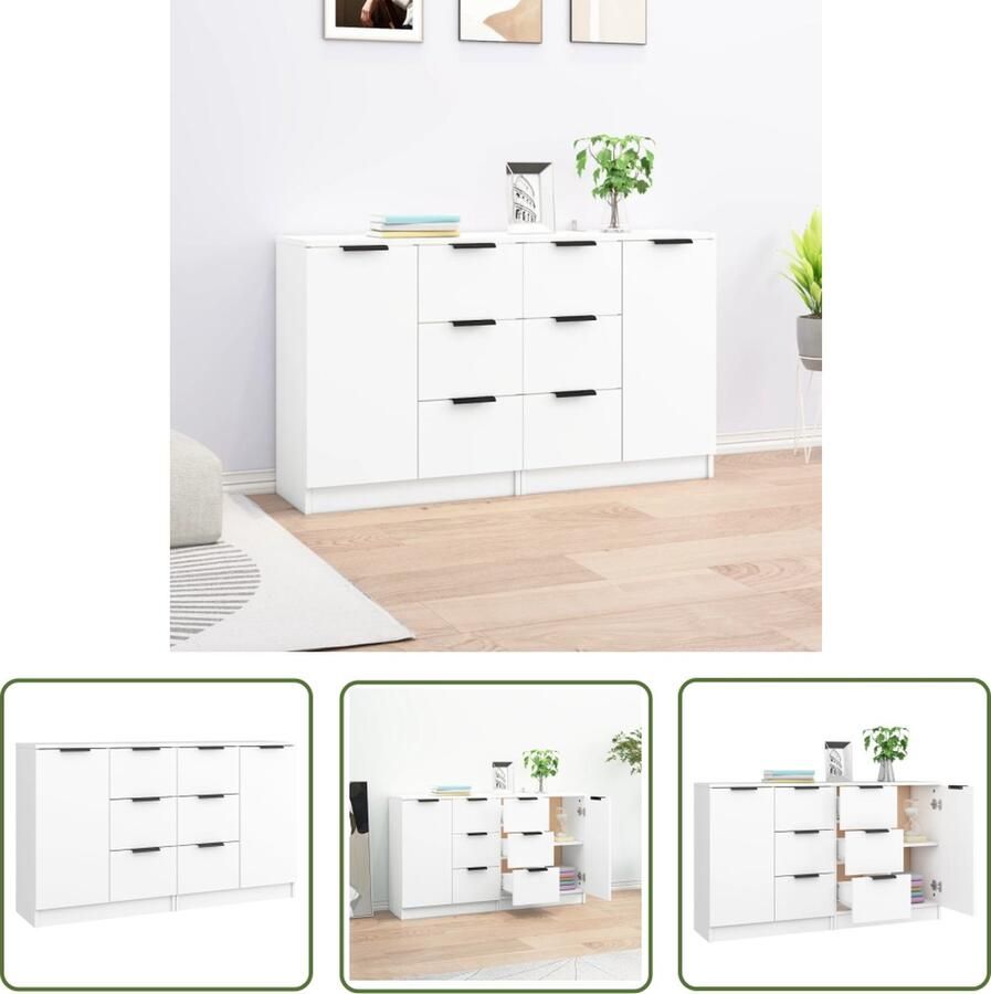 The Living Store Dressoirs 2 st 60x30x70 cm bewerkt hout wit Dressoir Minimalistisch Design Houten Dressoir Wit Dressoir Opbergmeubel - Foto 2