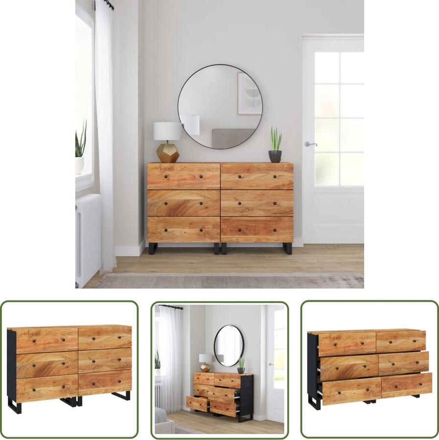 The Living Store Dressoirs 2 st 60x33x75 cm massief acaciahout Dressoir Commode Opbergkast Acacia Hout Vintage