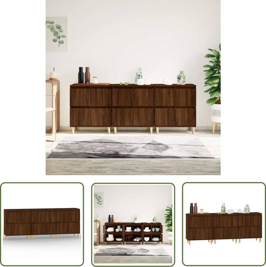 The Living Store Dressoirs 3 st 60x35x70 cm bewerkt hout bruin eikenkleur Dressoir Houten Dressoir Vintage Dressoir Bruine Dressoir Opbergmeubel