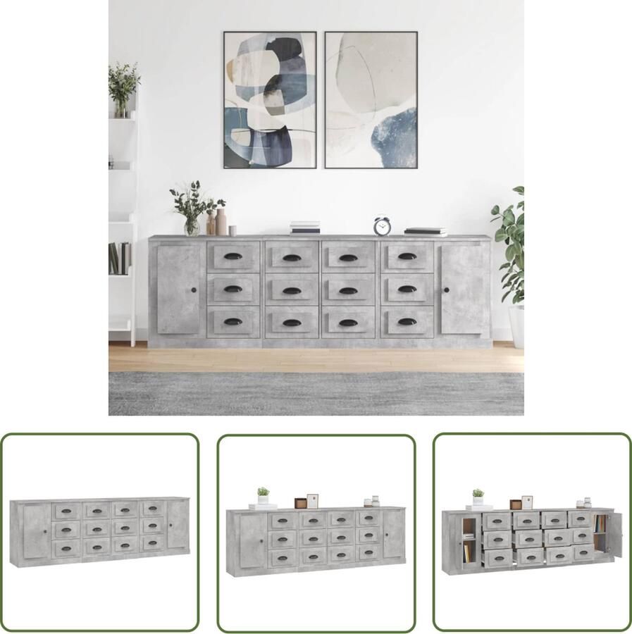The Living Store Dressoirs 3 st bewerkt hout betongrijs Dressoir Houten Dressoir Grijze Dressoir Opberg Dresser Display Kast