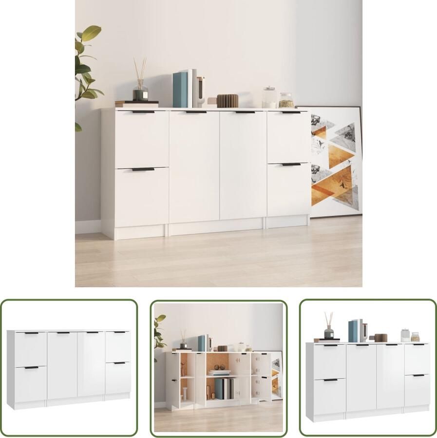The Living Store Dressoirs 3 st bewerkt hout hoogglans wit Dressoir Commode Opbergruimte Minimalistisch Design Hoogglans Wit