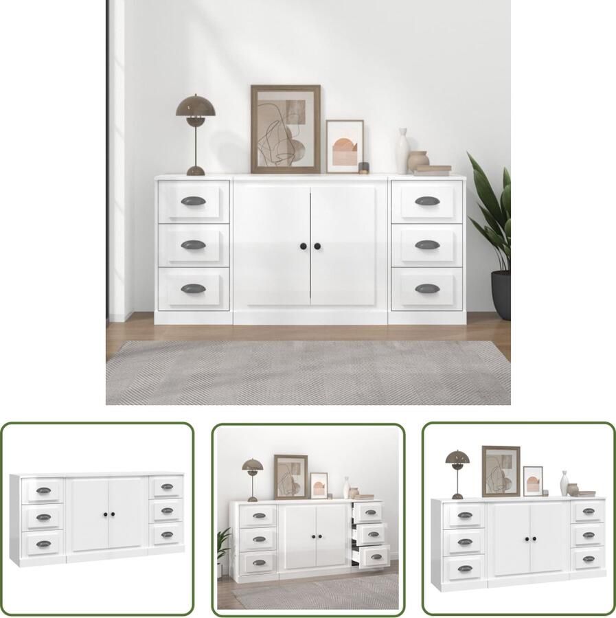 The Living Store Dressoirs 3 st bewerkt hout hoogglans wit Dressoir Houten Dressoir Vintage Dressoir Klassiek Dressoir White Dresser
