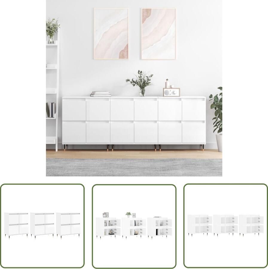 The Living Store Dressoirs 3 st bewerkt hout hoogglans wit Dressoir Klassiek Meubel Witte Dressoir Opbergkasten Badkamermeubilair