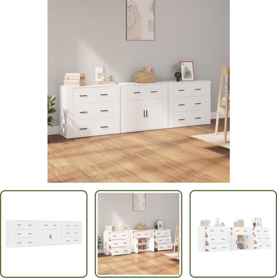 The Living Store Dressoirs 3 st bewerkt hout wit Dressoirs Witte Dressoirs Houten Dressoirs Opbergkasten Salontafel