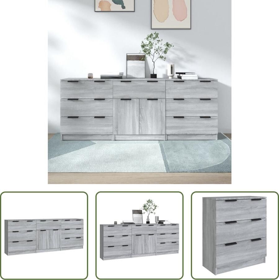 VidaXL 3-delige Dressoirs bewerkt hout grijs sonoma eikenkleurig Dressoirs Grijze Dressoirs Houten Dressoirs Sonoma Eiken Dressoirs Opslagmeubilair