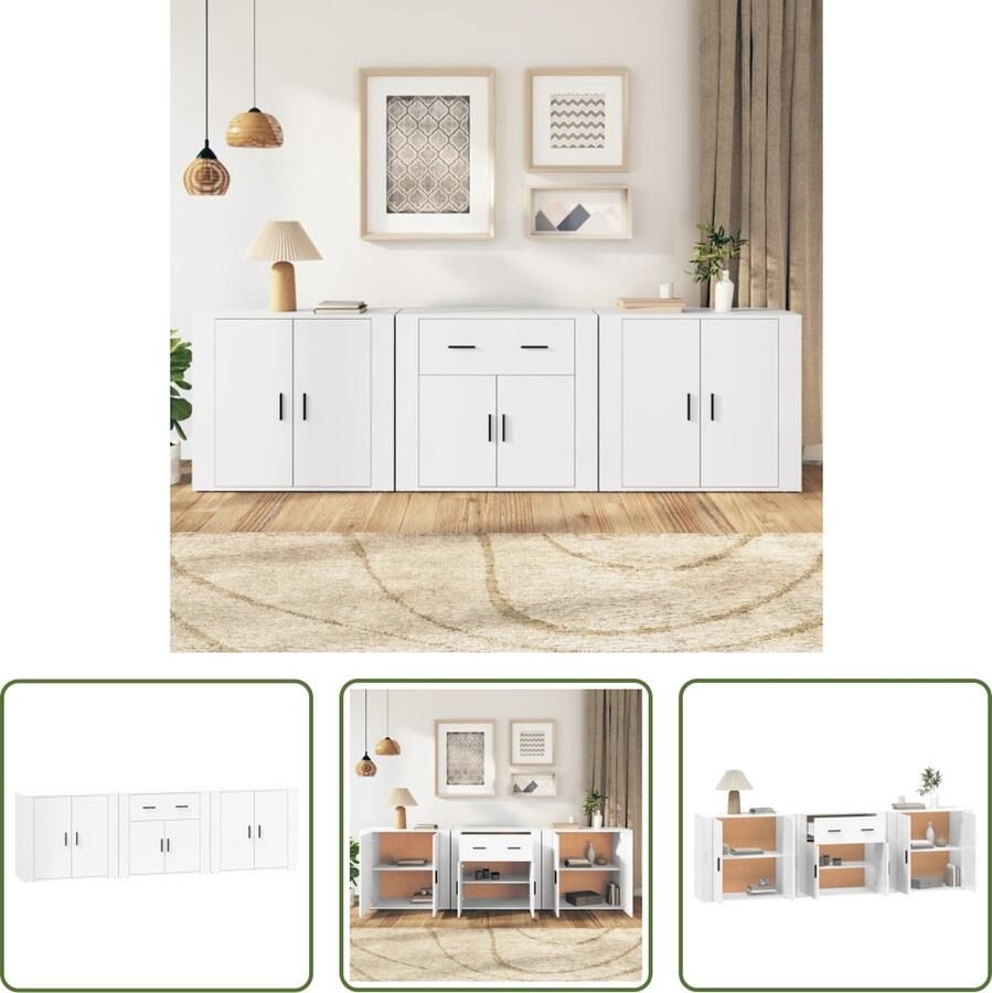 The Living Store Dressoirs 3 st bewerkt hout wit Dressoir Commode Houten Dressoir Witte Dressoir Vintage Dressoir