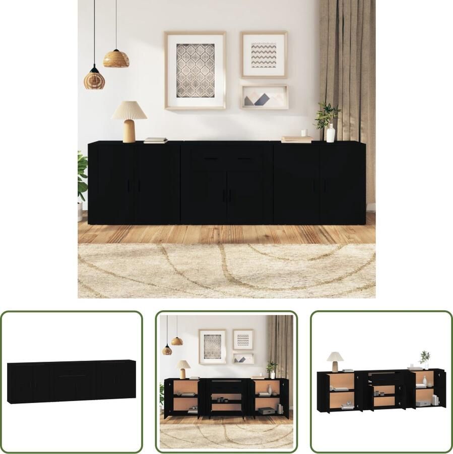 The Living Store Dressoirs 3 st bewerkt hout zwart Dressoir Houten Dressoir Vintage Dressoir Klassiek Dressoir Zwarte Dressoir - Foto 8