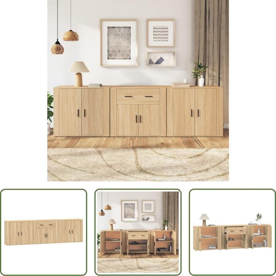 The Living Store Dressoirs 3 st bewerkt hout sonoma eiken Dressoir Salontafel Houten Meubel Vintage Meubilair Landelijk Interieur - Foto 2
