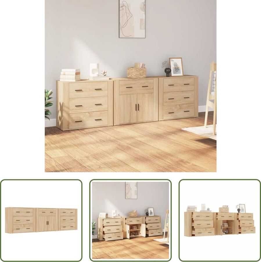 The Living Store Dressoirs 3 st bewerkt hout sonoma eiken Dressoir Salontafel Houten Meubel Vintage Meubilair Landelijk Interieur - Foto 3