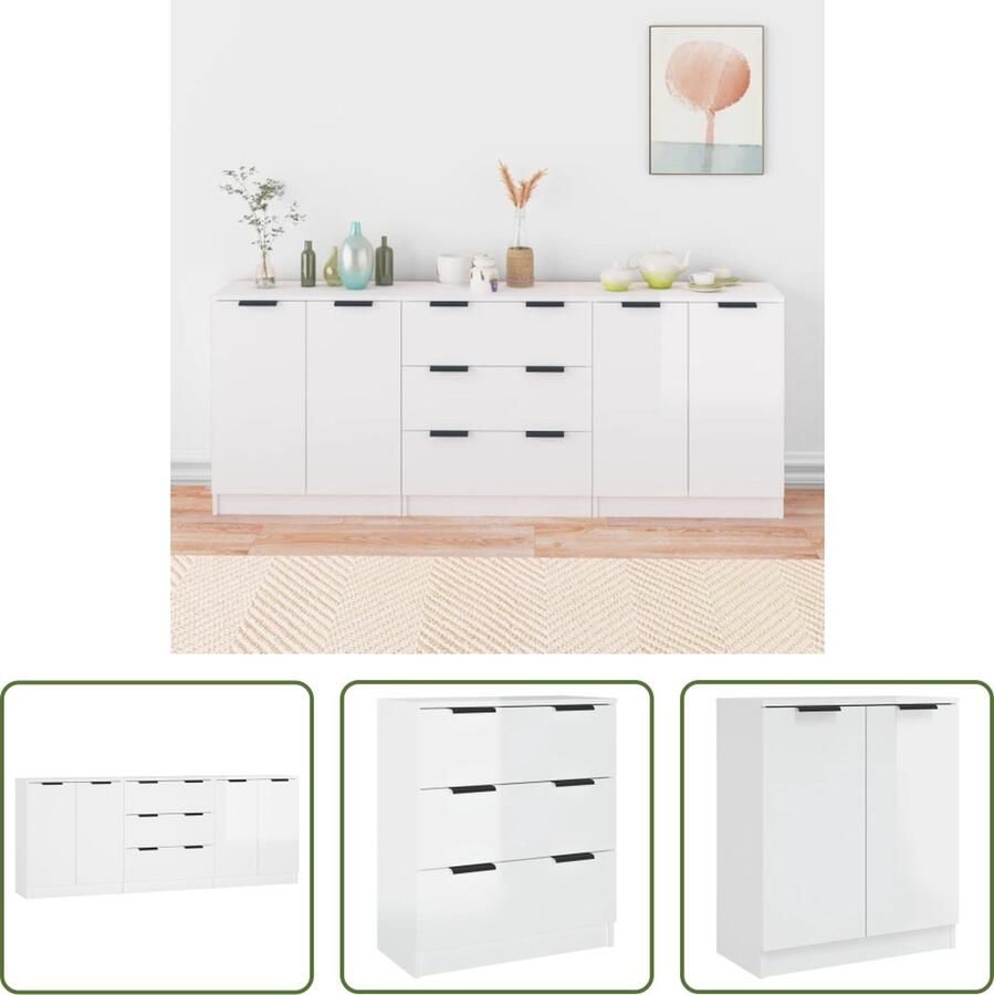 The Living Store 3-delige Dressoirs bewerkt hout hoogglans wit Dressoir Witte Dressoir Houten Dressoir Minimalistisch Dressoir Opberg Dresser