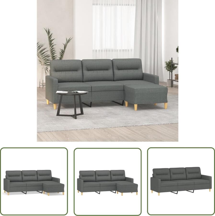 The Living Store Driezitsbank met voetenbank 180 cm stof donkergrijs Drie Zits Bank Hoekbank Salontafel Woonkamer Meubels Donkere Grijze Bank
