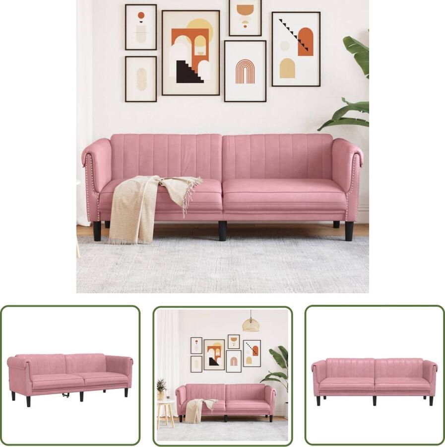 The Living Store 3-zitsbank fluweel 203 x 77 x 74 cm Roze 3-zitsbank Fluweel Sofa Roze Bank Lounge Bank Bankstellen