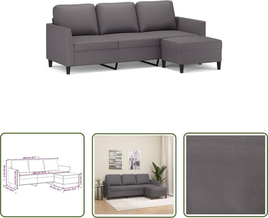 The Living Store Driezitsbank met voetenbank 180 cm kunstleer grijs Drie Zitsbank Hoekbank Salontafel Lounge Set Lederlook Meubels - Foto 2