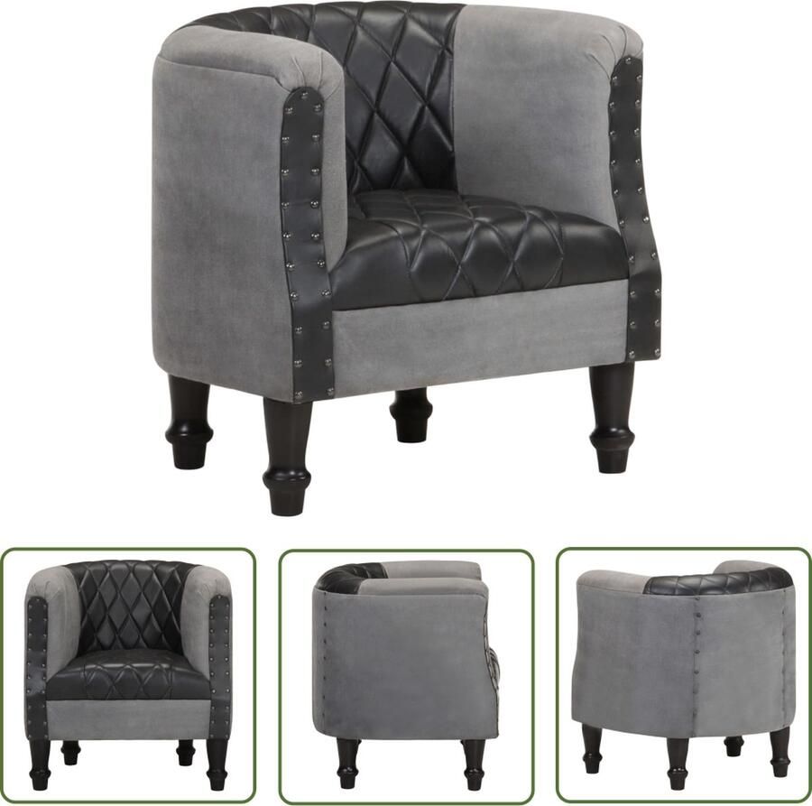 The Living Store Kuipstoel echt leer en massief mangohout zwart Fauteuil - Foto 2