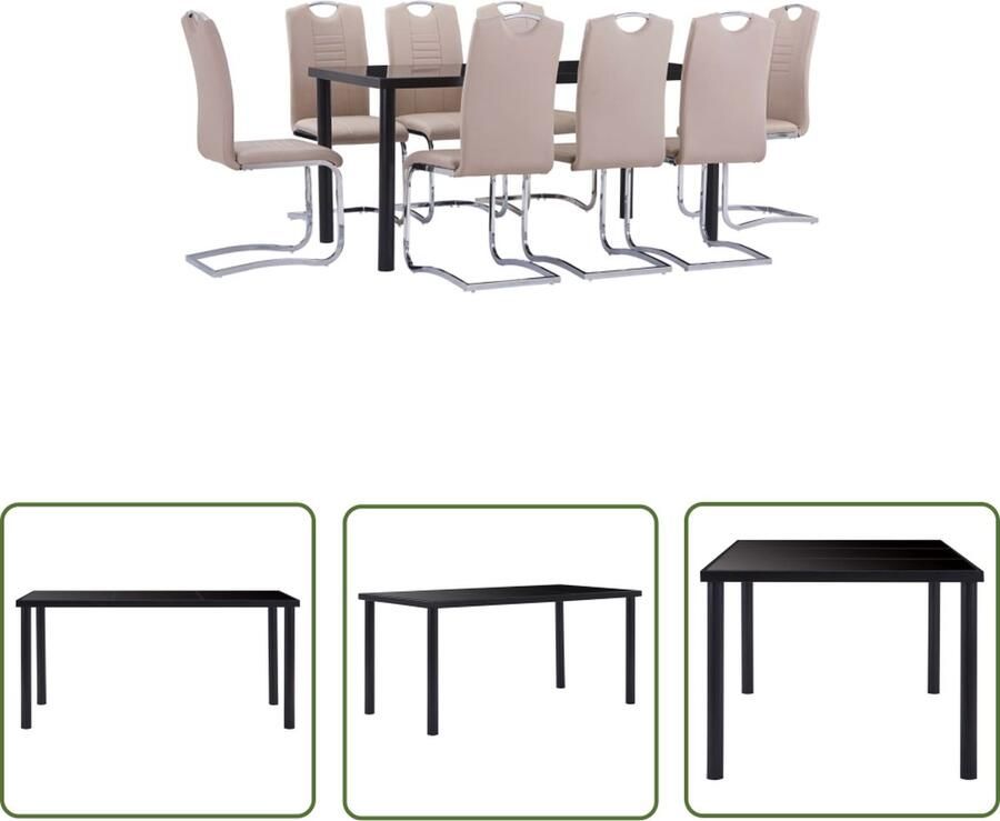 The Living Store Eethoek Zwart Gehard Glas en Metaal 160 x 80 x 75 cm Cappuccino Kunstleer 42 x 52 x 100 cm 8 Stoelen Eetkamer Set Eettafel Eetkamerstoel Kunstleder Meubilair Zwarte Eettafel - Foto 2