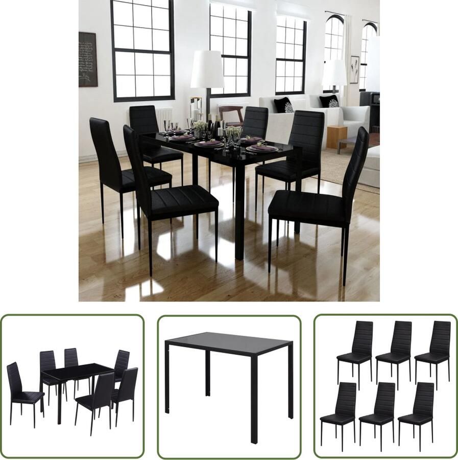 The Living Store Eetkamerset 7-delig Zwart Gehard glas Kunstleer Eetkamerset Zwarte Eetkamerstoel Eettafel Salontafel Dining Room Furniture