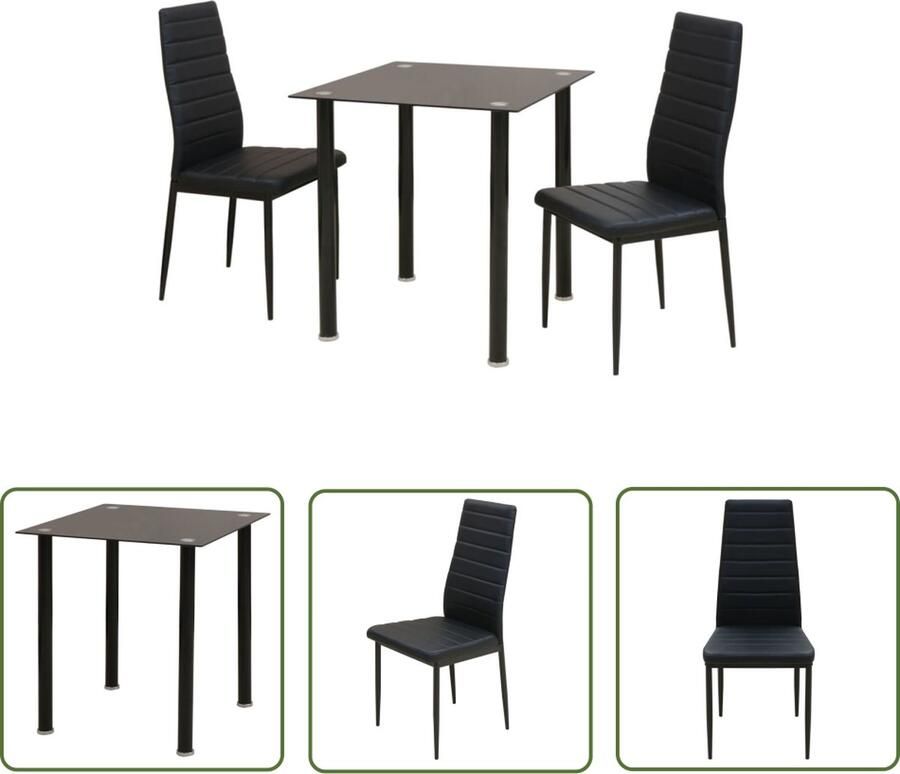 The Living Store Eetkamerset zwart 3-delig 70x70x75 cm gehard glas comfortabele zitting Eetkamerset Eettafel Eetkamerstoelen Zwarte Meubels Moderne Eetkamer - Foto 2