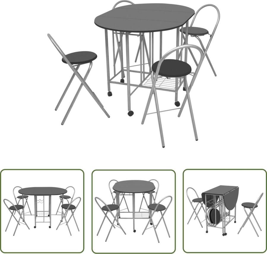 The Living Store Eetkamerset Zwart Zilver Opvouwbaar MDF 112x80x79 cm 45x36x76 cm 1.5 cm MDF-dikte 29.8 cm zitbreedte Eenvoudig te monteren Eetkamerset Zwarte Meubels Opvouwbare Tafel Mdf Meubilair Salontafel