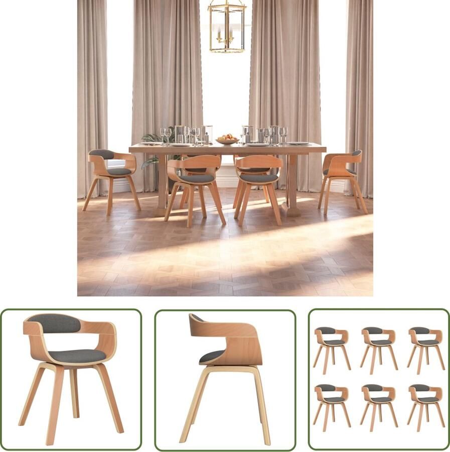 The Living Store Eetkamerstoel 6 st gebogen hout en stof lichtgrijs Eetkamerstoelen Design Meubels Moderne Stoelen Grijze Stoelen Stoffen Stoelen - Foto 2