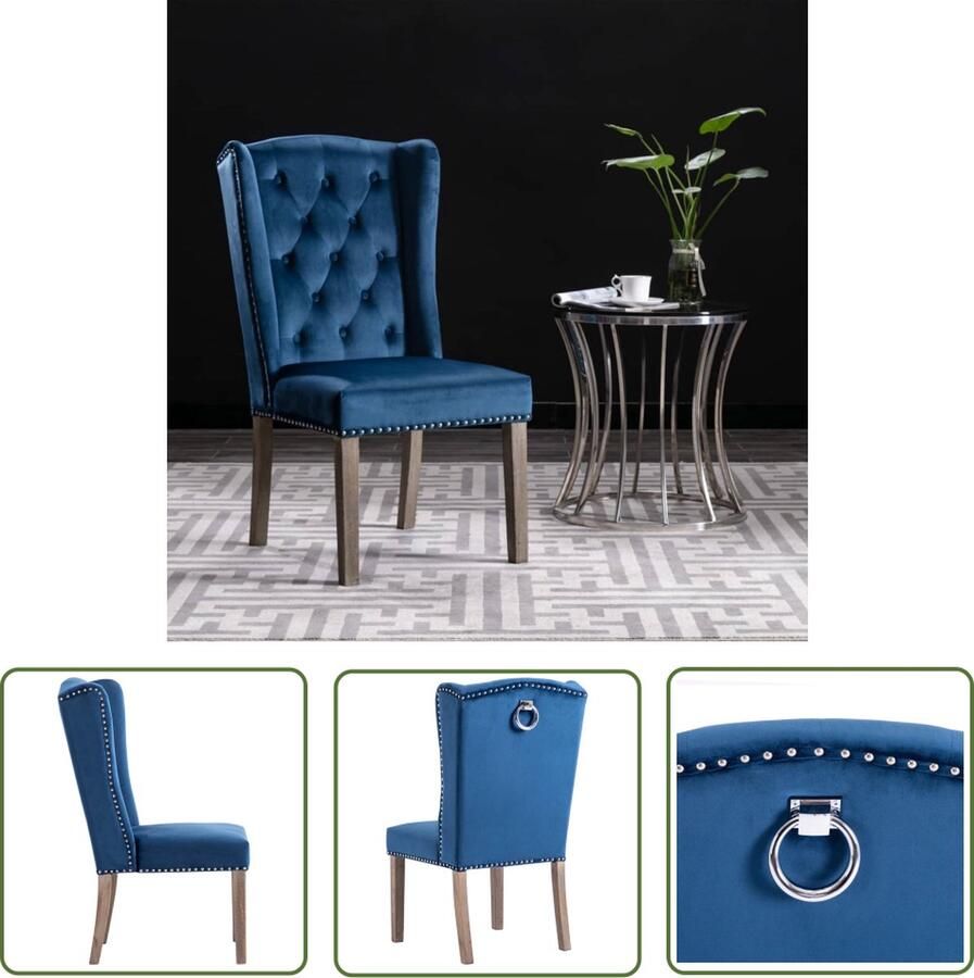 The Living Store Eetkamerstoel fluweel blauw Eetkamerstoel Fluweel Stoel Blauwe Stoel Klassieke Stoel Salontafel - Foto 2