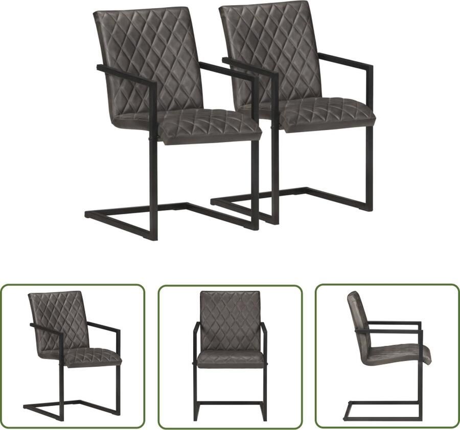 The Living Store Retro Eetkamerstoelen 51 x 56 x 91 cm Echt Leer Grijs 6 stuks - Foto 2
