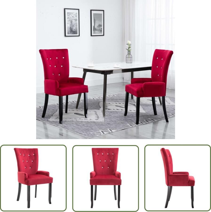 The Living Store Eetkamerstoel met armleuningen fluweel rood Eetkamerstoel - Foto 2