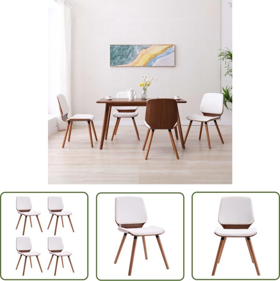 The Living Store Eetkamerstoel Set van 4 Wit Kunstleer Houten frame 48x62.5x85 cm