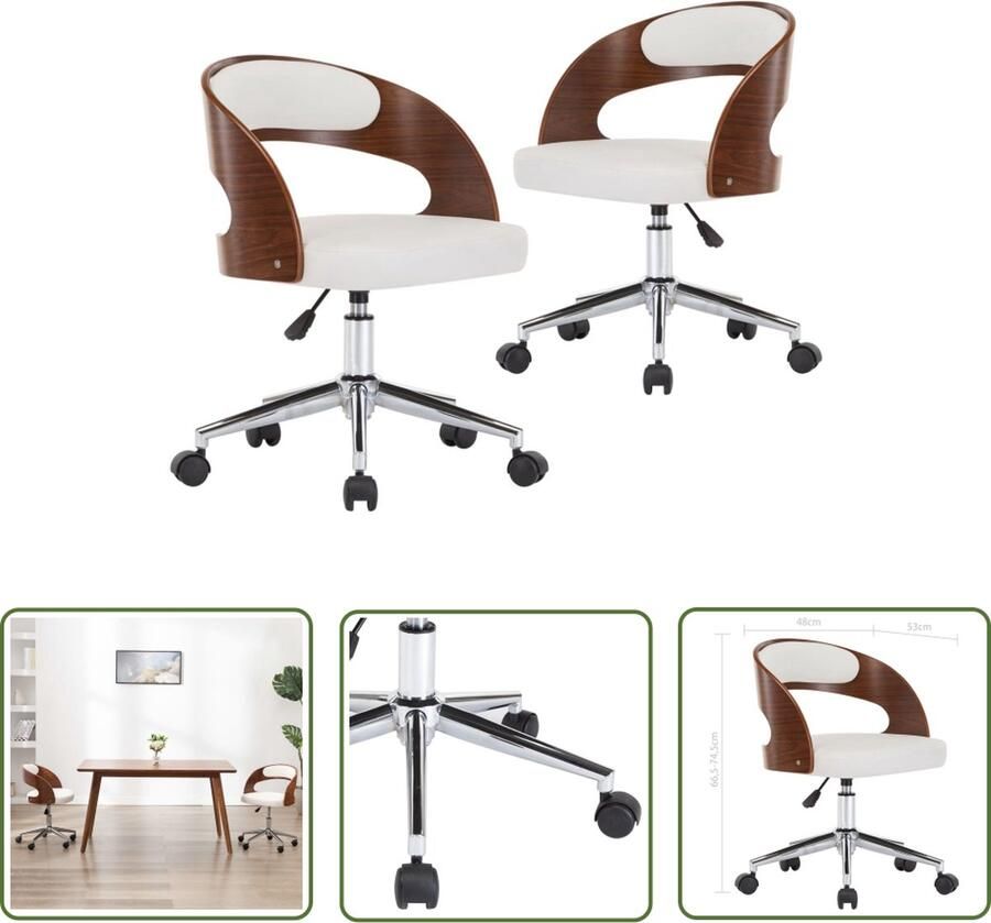 The Living Store Eetkamerstoel Set Wit Kunstleer Ergonomisch Ontwerp 48x53x66.5-74.5 cm Set van 2 - Foto 3