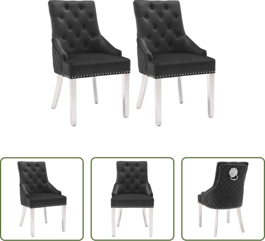 The Living Store Eetkamerstoel Zwart Fluweel 52x62x94 cm Houten Frame Roestvrij Staal - Foto 2