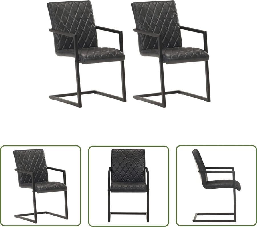 The Living Store Retro Eetkamerstoelen Leer Staal 51x56x91 cm Zwart Retro Meubels Eetkamerstoelen Lederen Stoelen Zwarte Stoelen Cantilever Stoelen