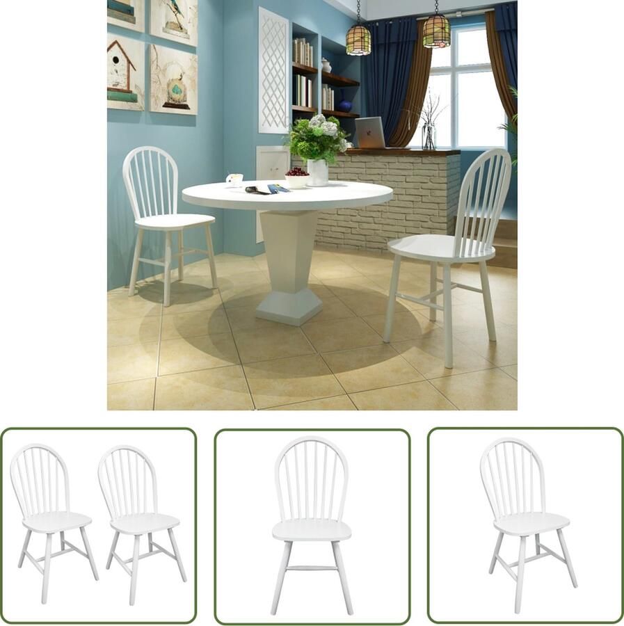 The Living Store Eetkamerstoelen 2 st massief rubberwood wit Eetkamerstoel Houten Stoel Witte Stoel Rubberwood Stoel Klassieke Stoel - Foto 2